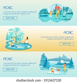 Happy Parenthood and Childhood Header Banner Set. Father with Son Gathering Mushroom, Dad with Daughter Skating Scooter Walking dog in Forest, Mother with Child on Picnic in Park. Vector Illustration