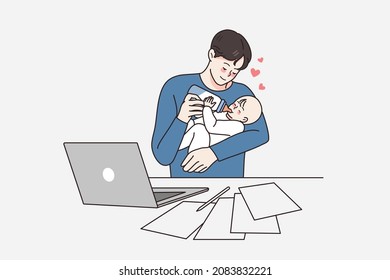 Happy parenthood and fatherhood concept. Young positive loving father sitting at laptop working and feeding his small newborn baby with milk from bottle vector illustration 