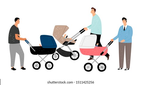 Happy parenthood. Fathers with baby stroller. Vector dads and babies, cartoon buggy