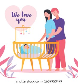 Happy Parenthood, Mother, Father, Bed Newborn Baby. Smiling Couple Standing Together, Husband Hugs Woman, Wife. Baby Boy, Crib Mobile, Foliage. Vector Flat Illustration Love, Family Relationships