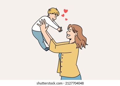 Happy Parenthood And Motherhood Concept. Smiling Young Woman Mother Standing And Holding Her Small Baby Boy Reaching For Her Feeling Love Vector Illustration 