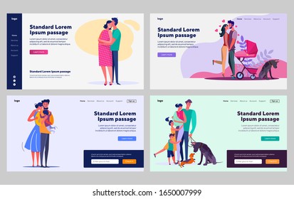 Happy parenthood set. Pregnant couple, walk with stroller, hugging children. Flat vector illustrations. Children, parents, family concept for banner, website design or landing web page