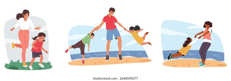 Happy parenting cartoon scene set with cheerful mother, father and little children day out. Positive family moments together and summer playful vibes of parenthood and childhood vector illustration