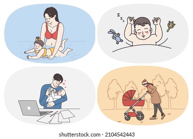 Happy parenting and childhood concept. Set of babies toddlers infants learning to swim sleeping eating milk and communicating with parents walking in park vector illustration 
