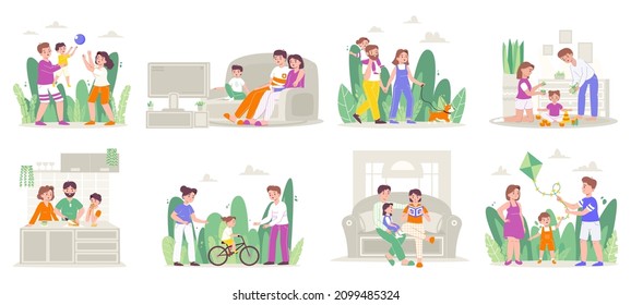 Happy parenting, parents and children daily activities, family scenes. Young family, mother, father and kids spend time together vector illustration set. Family leisure, cooking, dish, reading book