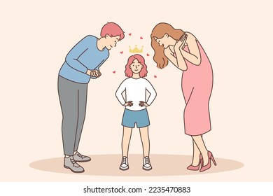 Happy parents admire little kid in crown. Mother and father show admiration to small girl child. Concept of spoiled children. Vector illustration. 