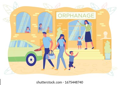 Happy Parents Adopting Little Boy Child from Orphanage. New Adoptive Father and Mother Holding Preschooler Son. Custody, Caregivers, Cheerful Kid. Children Orphan Home Yard. Vector Illustration