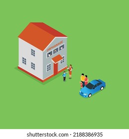 Happy Parents Adopting Little Girl From Orphanage Isometric 3d Vector Illustration Concept For Banner, Website, Illustration, Landing Page, Flyer, Etc.