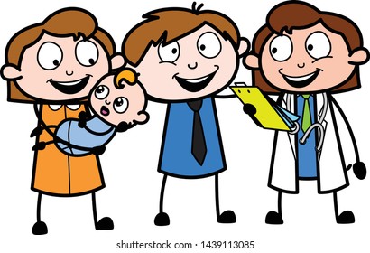 Happy Parents After See Their Baby's Positive Medical Result - Professional Cartoon Doctor Vector Illustration