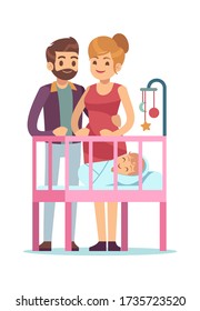 Happy parents with baby. Family young couple cuddling and newborn in cradle, vector cartoon characters