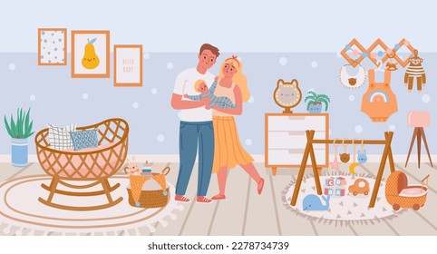 Happy parents with baby in nursery room Happy parents with baby in nursery room. Vector of child nursery, happy parents illustration