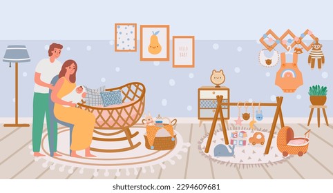 Happy parents with baby in nursery room Happy parents with baby in nursery room. Illustration of baby room nursery vector