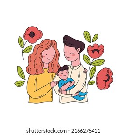 Happy parents and baby together hand drawn flat vector illustration. Doodle style vector design illustrations in color. 