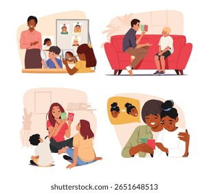 Happy parents and babysitter teaching children to learn facial expression and identifying emotions using educational cards and modern technology isolated cartoon scene set vector illustration
