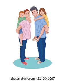 Happy parents carry their two children on their backs cartoon vector illustration.	