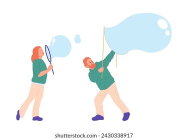 Happy parents cartoon characters playing with foamy liquid blowing bubbles isolated on white