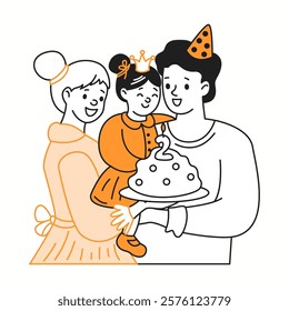 Happy parents celebrating daughter birthday color linear icon. Loving family with toddler child holiday characters doodle simple illustration