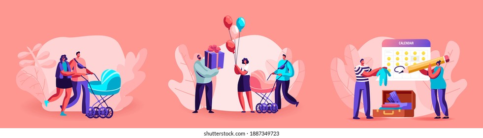 Happy Parents Characters Walking with Kid Stroller. Woman and Man Waiting Baby Birthday. Childhood, Parenthood, Maternity, Mother Care, Baby Shower Celebration. Cartoon People Vector Illustration