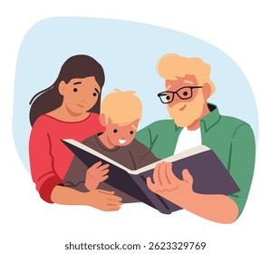Happy parents with cheerful boy son reading book together cartoon scene. Mom and dad spending time with preschool child before bedtime enjoying hobby activity vector illustration. Parenting concept