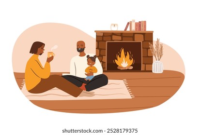 Padres felices con un niño en la chimenea. Concepto de tiempo en familia juntos. Ilustración vectorial plana dibujada a mano.