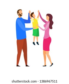 Happy Parents with Child Flat Vector Illustration. Father, Mother and Son Cartoon Characters. Family Relationship, Childcare. Joyful Childhood, Couple and Kid Bonding Together, Parenting