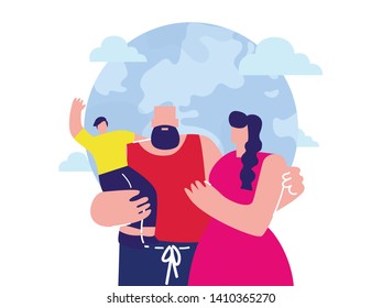 Happy Parents with Child Flat Vector Illustration. Father, Mother and Little Son Cartoon Characters. Parents with Boy Standing Together, Hugging. Family Day Celebration. Parental Care, Parenthood