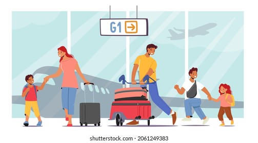 Happy Parents and Children in Airport Terminal, Mother and Father Travelling with Kids, Family Characters with Bags Walk to Airplane. People Flying on Summer Vacation. Cartoon Vector Illustration