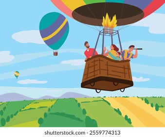 Happy parents and children cartoon characters enjoying amazing trip outdoors adventure travelling together by air hot balloon vector illustration. Family bonding and leisure activity enjoyment