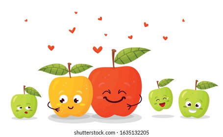 Happy parents with children cartoon. Fruit family. Happy Valentine s day. Vector