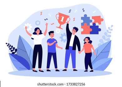 Happy parents and children celebrating success. Family contest, teamwork, togetherness flat vector illustration. Family, success, achievement concept for banner, website design or landing web page