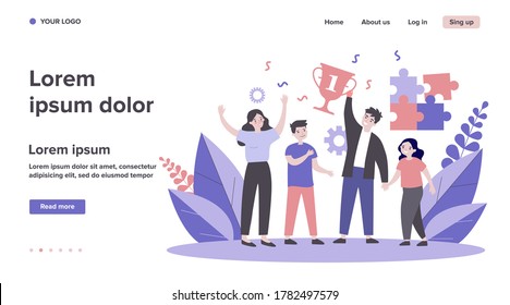 Happy parents and children celebrating success. Family contest, teamwork, togetherness flat vector illustration. Family, success, achievement concept for banner, website design or landing web page