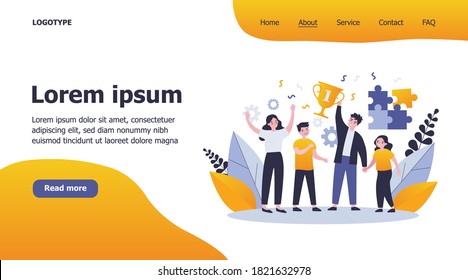 Happy parents and children celebrating success. Family contest, teamwork, togetherness flat vector illustration. Family, success, achievement concept for banner, website design or landing web page