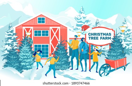Happy Parents And Children At Christmas Tree Farm. Father, Mother, Kids Choosing Spruce For Home Decoration. Preparation For Winter Holidays. Snowy Forest Landscape. Cartoon Vector Flat Illustration