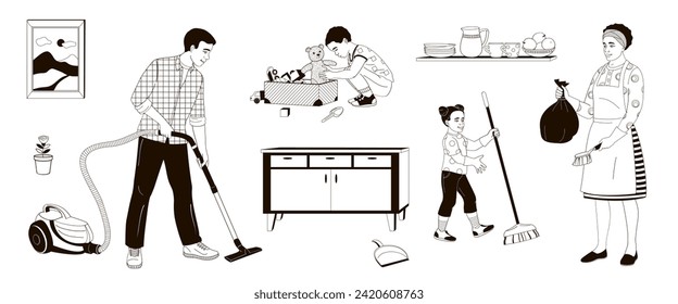 Happy parents with children cleaning rooms. Family working together black and white vector illustration