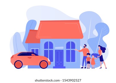 Happy parents with children and detached house. Single-family detached home, family house, detached residence and single dwelling unit concept. Pinkish coral bluevector isolated illustration