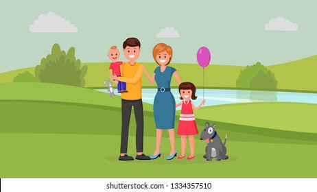 Happy parents with children and dog standing in the park flat style vector illustration. Happy family walks around the city park