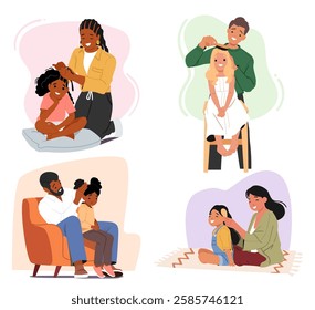 Happy parents and children family characters of different nationalities spending time together enjoying morning routine scene set. Mother and father combing kid hair making hairdo vector illustration