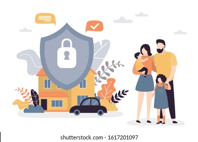 Happy parents with children. Family portrait. Property,car and Insurance protection shield. Assurance plan, contract of full insurance coverage concept background. Vector illustration