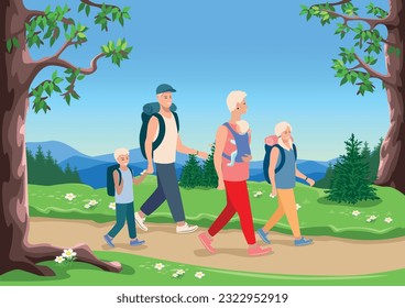 Happy parents and children go hiking or on a picnic against the backdrop of a beautiful landscape. Time for family. Vector illustration of summer camping trip with family in nature.