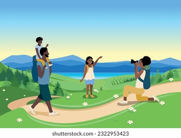 Happy parents and children go hiking or on a picnic against the backdrop of a beautiful landscape. Time for family. Vector illustration of summer camping trip with family in nature.