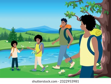 Happy parents and children go hiking or on a picnic against the backdrop of a beautiful landscape. Time for family. Vector illustration of summer camping trip with family in nature.