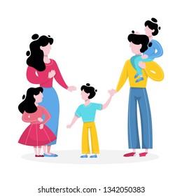 Happy parents with children. Parent and kid spend time together. Wife and husband, family life. Couple in love. Isolated vector illustration in cartoon style