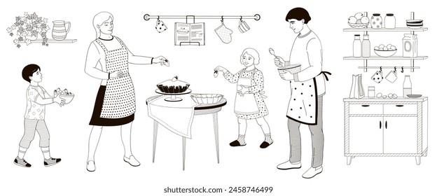 Padres felices con los niños preparando el pastel de fresas. Familia trabajando juntos Ilustración vectorial de contorno blanco y negro