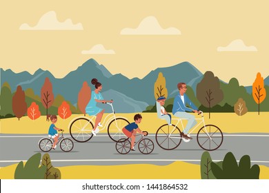 Feliz viaje de padres e hijos en bicicleta por carretera asfaltada en otoño, ilustración vectorial del campo.