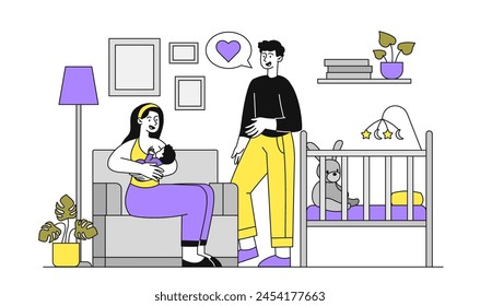 Happy parents in children room simple. Man and woman with toddler at hands. Parenthood and childhood. Couple care about baby. Doodle flat vector illustration isolated on white background