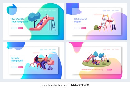 Happy Parents and Children Spend Time on Playground Outdoors Website Landing Page Set, Childhood, Parenting, Summer Vacation Activity, Happy Family Web Page. Cartoon Flat Vector Illustration, Banner