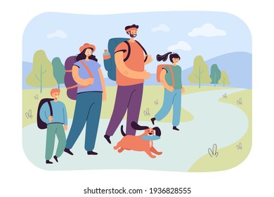 Happy parents with children walking on nature flat vector illustration. Cartoon active tourists or hikers camping or trekking with backpacks. Summer activity, holiday and leisure concept