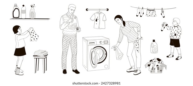 Happy parents with children Washing clothing. laundry day Family working together at home