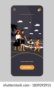 Happy parents couple and kids spending summer vacation by seaside. Family with children in swimsuits walking on sea beach. For travel, leisure time, outdoor activity, holiday concept