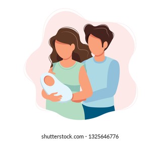 Happy parents - cute cartoon  concept illustration of a couple holding newborn baby, healthcare, parenting, medicine. Vector illustration